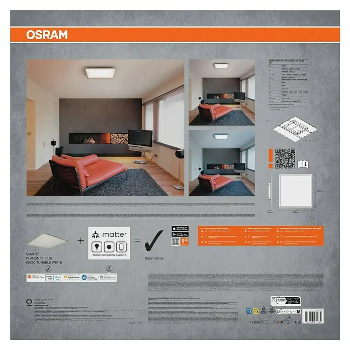 Ledvance Smart+ LED-Panel - 36 W, L x B x H: 60 x 60 x 5,6 cm, Weiß, Neutralweiß - Produktverpackung für die OSRAM SMART+ PLANON™ PLUS 60X60 tunable white Deckenleuchte mit Matter-Kompatibilität und Smart Home Integration.
