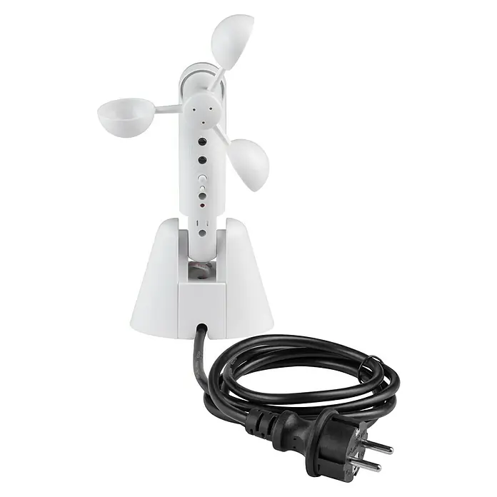 Wind- & Sonnensensor - 130 x 140 x 220 mm, Passend für: Sunfun Vollkassettenmarkisen inkl. LED & Crudo, Sunfun Hülsenmarkisen - Weiße Windmesser-Station mit Schalenkreuz-Anemometer und Netzteil für präzise Windmessung.