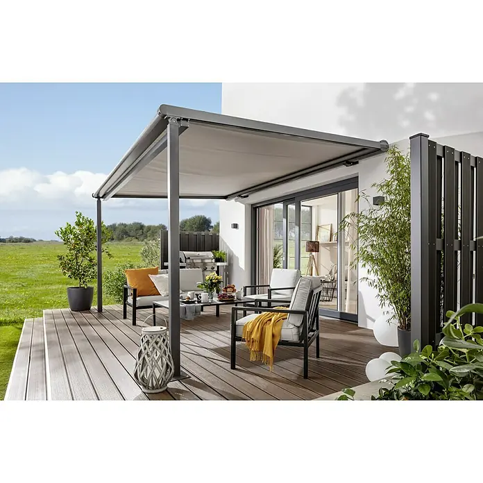 Starlux LED-Außenwandleuchte Umea - 8 W, 10 x 10 x 10 cm, Anthrazit, IP54 - Die Pergola bietet einen stilvollen und funktionalen Außenbereich mit hochwertigen Möbeln und einem einziehbaren Dach für optimalen Sonnenschutz.