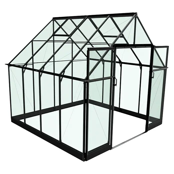 Halls Gewächshaus Qube 88 - Außenmaß inkl. Dachüberstand (B x T): 261 x 261 cm, 3 mm, Schwarz - Das Bild zeigt ein Gewächshaus mit schwarzem Rahmen und Glaswänden. Die Tür des Gewächshauses steht offen.