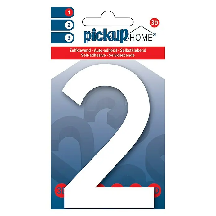 Pickup 3D Home Número - Altura: 10 cm, Plástico, Motivo: 2 - Número de casa "2" de 'Pickup Home' en blanco, autoadhesivo, para uso exterior.