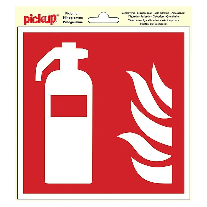 Pickup Etiqueta adhesiva - L x An: 15 x 15 cm, Extintor de incendios, Rojo/Blanco - Señal de seguridad contra incendios roja con extintor blanco y símbolo de llama para identificación clara y seguridad.