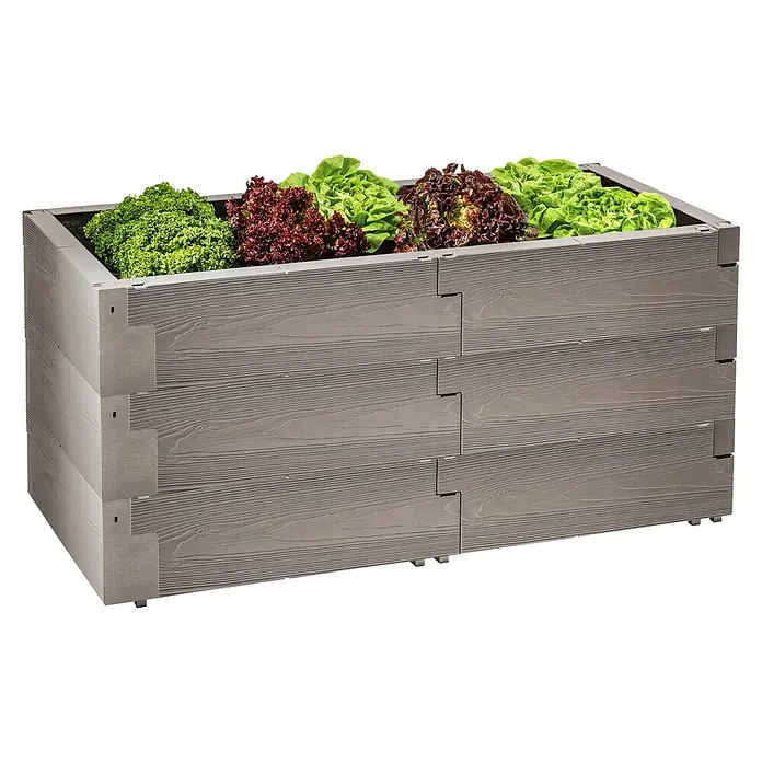 Juwel Hochbeet Timber - 130 x 60 x 60 cm, Kunststoff - Das Foto zeigt ein rechteckiges Hochbeet aus Holz mit Salatpflanzen, ideal für den Garten oder Balkon. Die Konstruktion ist modern und stabil.