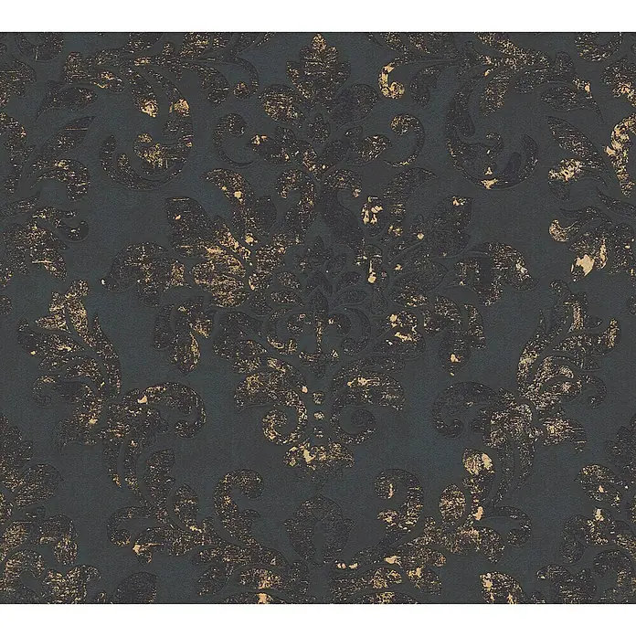 A.S. Création Neue Bude 2.0 ED II Vliestapete Damask - Schwarz/Gold, Ornament, 10,05 x 0,53 m - Nahaufnahme einer edlen, schwarzen Tapete mit goldenen, barocken Mustern, die einen luxuriösen und stilvollen Eindruck vermittelt.