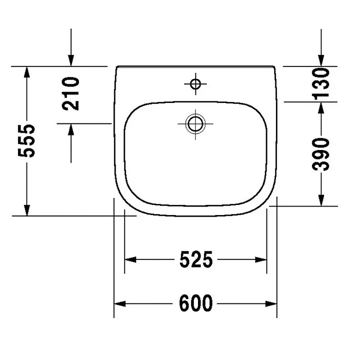 Duravit D-Code Waschtisch Vital Med - 60 x 55,5 cm, Ohne Spezialglasur, Hahnloch: Mitte, Ohne Überlauf, Weiß - Schema des Waschbeckens mit den Maßen 600 x 555 mm, Beckenbreite 525 mm und Beckentiefe 390 mm, Design für Badezimmer oder Gästetoilette.