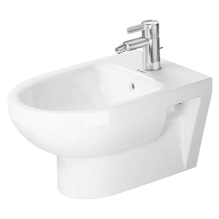 Duravit DuraStyle Wand-Bidet Basic - 37 x 54 cm, Weiß, Keramik, Ohne Spezialglasur - Nahaufnahme eines weißen Bidets mit einem Chromhahn, das modernes Design und hochwertige Sanitärkeramik demonstriert.
