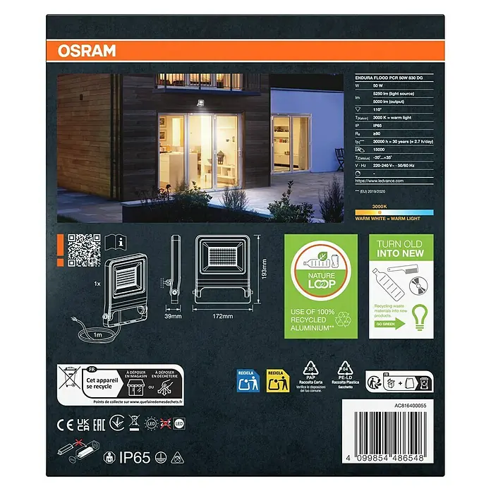 Osram LED-Strahler Endura Flood - 50 W, Anthrazit, Warmweiß, IP65 - Produktverpackung für OSRAM ENDURA FLOOD PCR 50W 830 DG LED-Strahler, Details zu Spezifikationen, Recycling & Abmessungen.