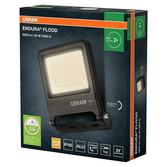 Osram LED-Strahler Endura Flood - 50 W, Anthrazit, Warmweiß, IP65 - Abbildung einer OSRAM Endura Flutlicht, die 5250 lm, 50 W und 3000 K leistet. Verpackungsmerkmale heben Umweltfreundlichkeit und Leistung hervor.