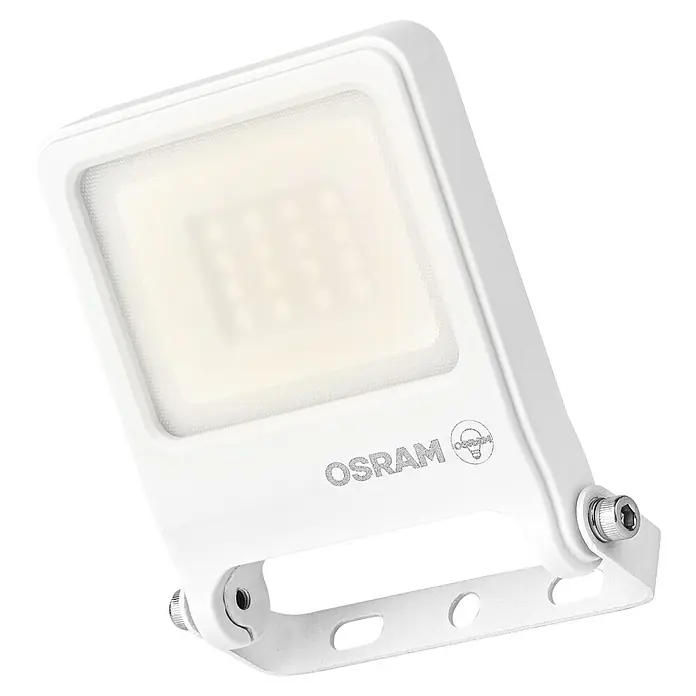 Osram LED-Strahler Endura Flood - 10 W, Weiß, Warmweiß, IP65 - Bild eines weißen OSRAM LED-Flutlichts für den Außenbereich mit verstellbarer Halterung und hellem, quadratischem Licht.