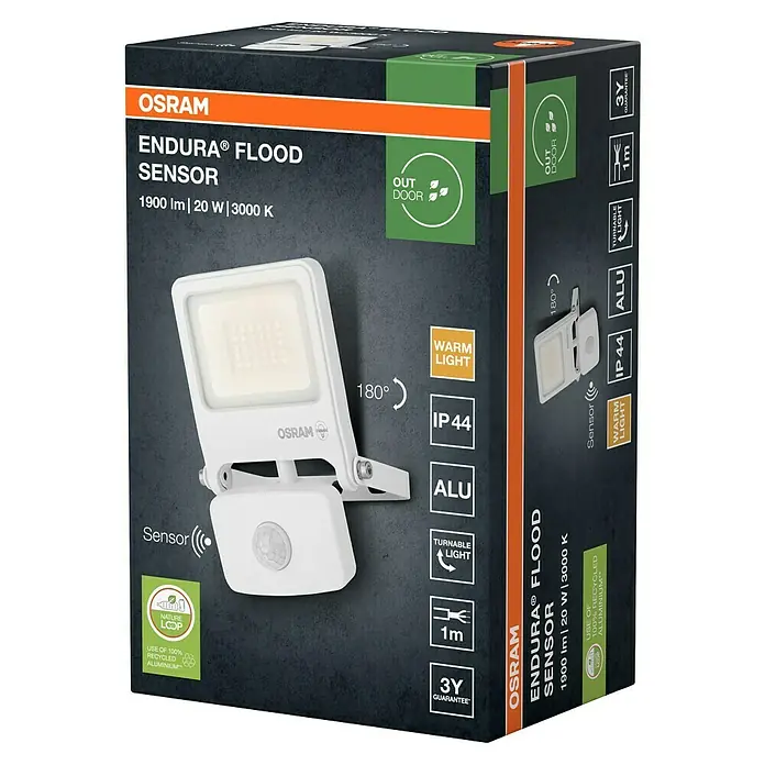 Osram LED-Strahler Endura Flood - 20 W, Weiß, Warmweiß, IP44 - Abbildung der Verpackung des Osram Endura Flood Sensor, einer Aussenleuchte mit Bewegungsmelder, 1900 lm, 20 W und 3000 K.