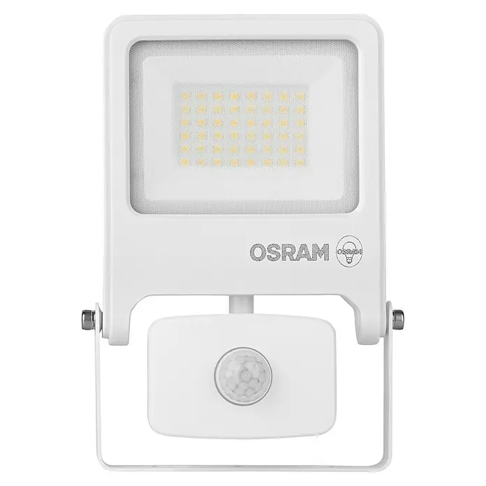 Osram LED-Strahler Endura Flood - 30 W, Weiß, Warmweiß, IP44 - Bild einer weißen OSRAM LED-Außenleuchte mit Bewegungsmelder für den Außenbereich. Ideal für Sicherheit und Beleuchtung.