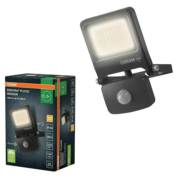 Osram LED-Strahler Endura Flood - 20 W, Anthrazit, Warmweiß, IP44 - Abbildung einer OSRAM Endura Flood Sensor Außenleuchte mit Bewegungsmelder und einer Verpackung, die ihre Eigenschaften hervorhebt.
