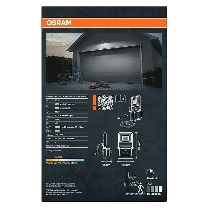 Osram LED-Strahler Endura Flood - 20 W, Weiß, Warmweiß, IP44 - Osram Endura Flood PCR Sensor 20W 830 WT Produktverpackung. Die LED-Außenleuchte mit Bewegungsmelder für mehr Sicherheit und Komfort.