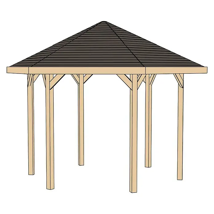 Weka Pavillon 656 - L x B: 461 x 399 cm, Natur - Eine Illustration eines hölzernen Gartenpavillons mit einem dunklen Dach, ideal für Entspannung im Freien und als stilvolles Gartenelement.