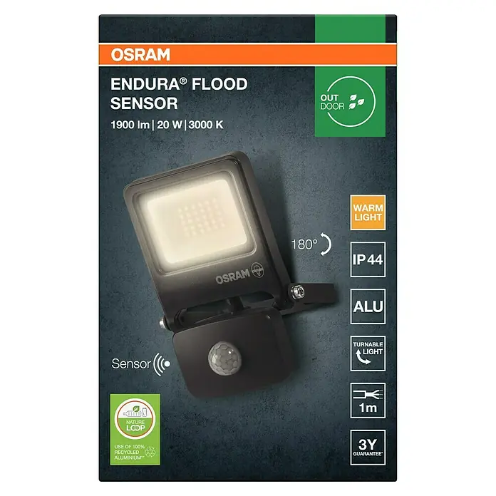 Osram LED-Strahler Endura Flood - 20 W, Anthrazit, Warmweiß, IP44 - Produktbild: OSRAM Endura Flood Sensor mit 1900 lm, 20 W und 3000 K. Der Sensor ist für den Außenbereich geeignet und hat eine Garantie von 3 Jahren.