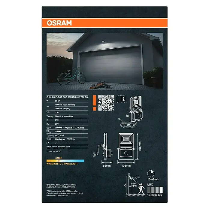 Osram LED-Strahler Endura Flood - 20 W, Anthrazit, Warmweiß, IP44 - Produktbild des OSRAM Endura Flood PCR Sensor 20W 830 DG. Das Bild zeigt die technischen Daten und Abmessungen des LED-Strahlers.