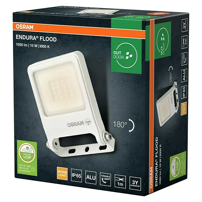 Osram LED-Strahler Endura Flood - 10 W, Weiß, Warmweiß, IP65 - Bild einer Osram Endura Flood Leuchte, 1050 lm, 10 W, 3000 K, mit Outdoor- und Aluminiumgehäuse für den Außenbereich.