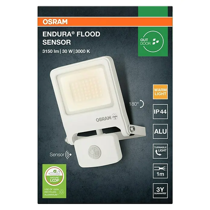Osram Proyector LED Endura Flood - 30 W, Blanco, Blanco cálido, IP44 - Imagen de un foco blanco OSRAM ENDURA® con sensor, ideal para uso exterior, con 3150 lm, 30 W y 3000 K.