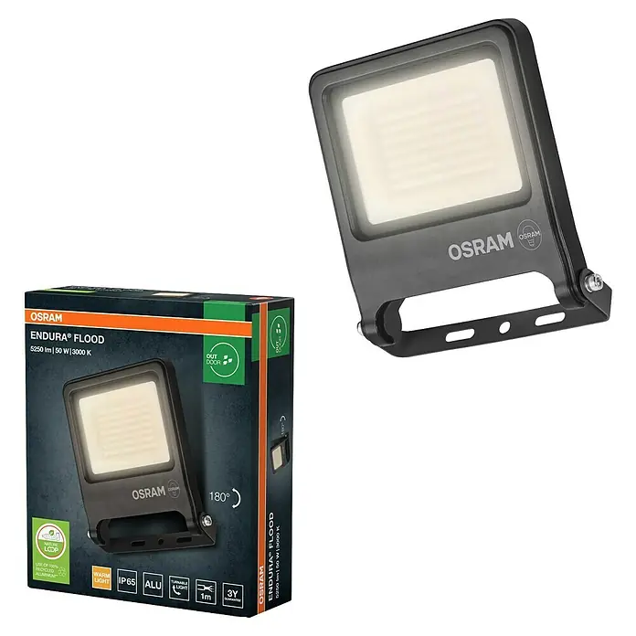 Osram LED-Strahler Endura Flood - 50 W, Anthrazit, Warmweiß, IP65 - Das Bild zeigt einen Osram Endura Fluter und dessen Verpackung. Der Fluter ist schwarz und hat eine helle, rechteckige Leuchtfläche.