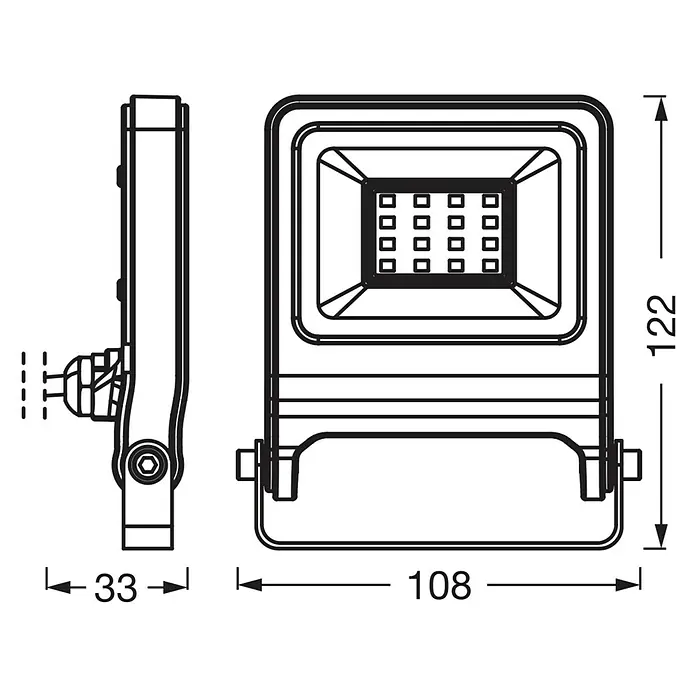 Osram LED-Strahler Endura Flood - 10 W, Weiß, Warmweiß, IP65 - Schemazeichnung einer LED-Leuchte mit den Maßen 122 mm Höhe, 108 mm Breite und 33 mm Tiefe zur Produktbeschreibung.