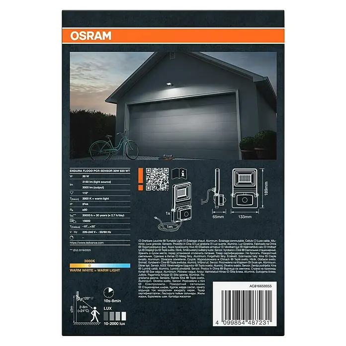 Osram Proyector LED Endura Flood - 30 W, Blanco, Blanco cálido, IP44 - Foco LED Osram Endura Flood PCR 30W con sensor, perfecto para exteriores, con detalles técnicos en el embalaje.