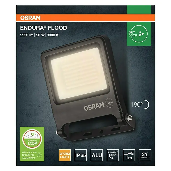 Osram Proyector LED Endura Flood - 50 W, Acero inoxidable, Blanco cálido, IP65 - Imagen de una luz OSRAM Endura Flood, adecuada para uso en exteriores, 5250 lm, 50 W, 3000 K, fabricada en aluminio reciclado.