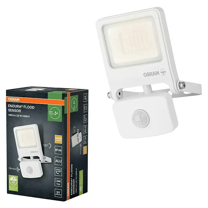 Osram LED-Strahler Endura Flood - 20 W, Weiß, Warmweiß, IP44 - Abbildung einer weißen OSRAM ENDURA® Flutlichtleuchte mit Sensor, die sich ideal für den Außenbereich eignet.