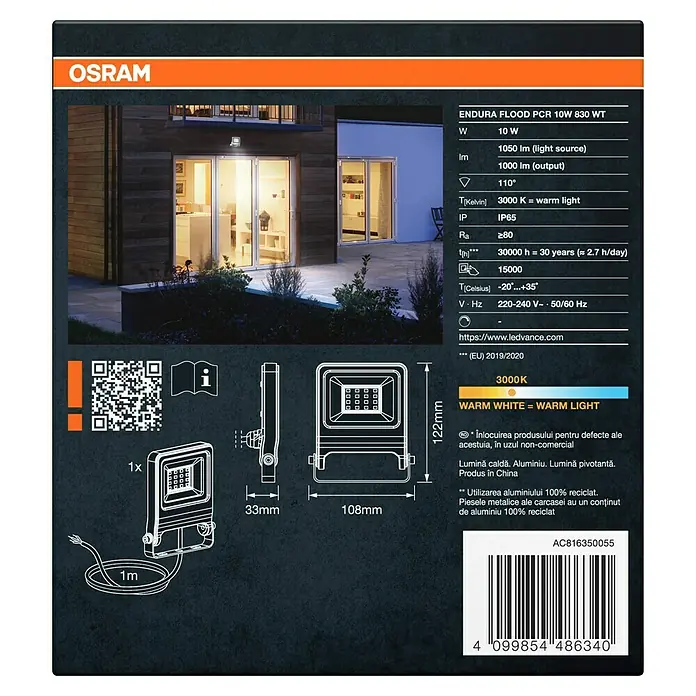 Osram LED-Strahler Endura Flood - 10 W, Weiß, Warmweiß, IP65 - Produktverpackung für OSRAM ENDURA FLOOD PCR 10W 830 WT. Die Verpackung zeigt das Produkt, seine Spezifikationen und Abmessungen.