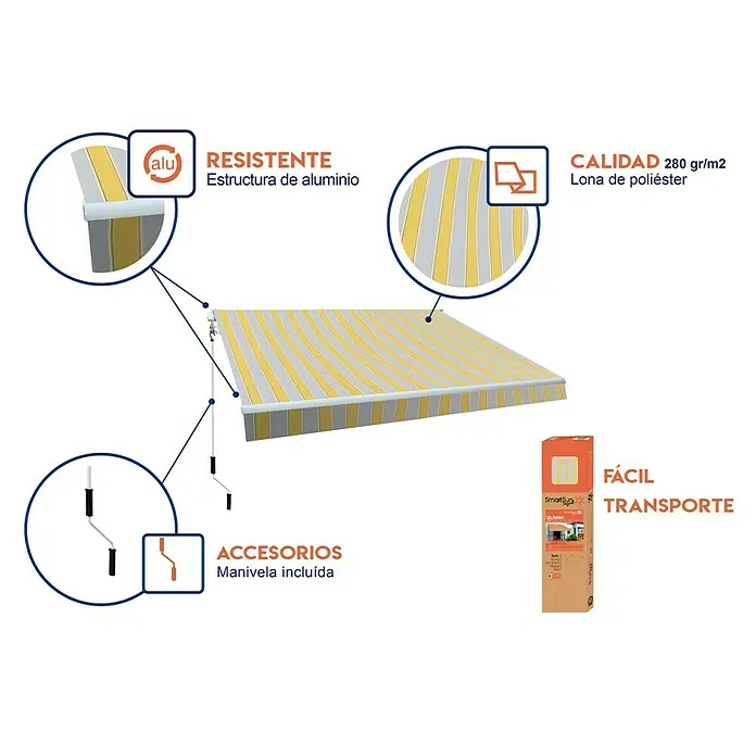 SmartSun Toldo de brazos extensibles Original Kit Poliéster - Amarillo / gris, Ancho: 4 m, Caída: 2,5 m - Un toldo de rayas amarillas y blancas con estructura de aluminio, incluyendo manivela para fácil operación y fácil transporte en la caja.