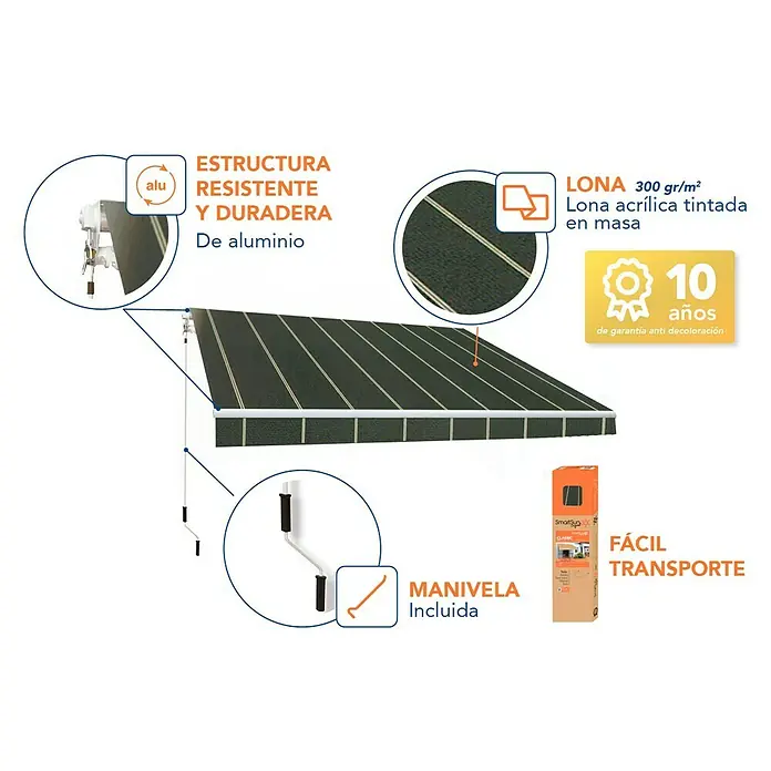 SmartSun Toldo de brazos extensibles Original Kit Acrílico - Gris oscuro, Ancho: 3 m, Caída: 2 m - Imagen de un toldo SmartSun, mostrando una estructura de aluminio, tela duradera y manivela para un fácil transporte.