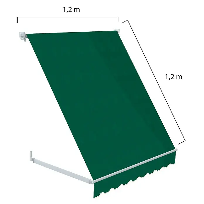 SmartSun Toldo ventana Essential - Verde, Ancho: 1,2 m, Caída: 1,2 m - Imagen de un toldo verde con dimensiones de 1,2 m x 1,2 m, ideal para protección solar en un balcón o terraza.