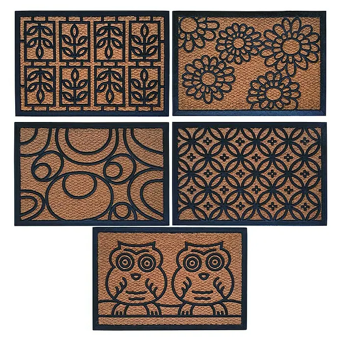 Felpudo Panama - 60 x 40 cm, Marrón - Surtido de felpudos de coco con varios patrones, incluyendo hojas, flores, círculos, diamantes y búhos.