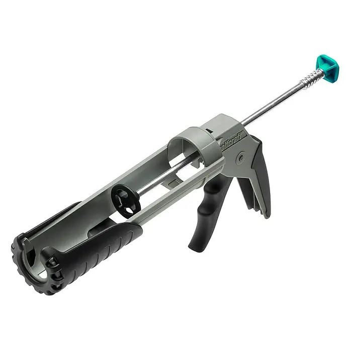 Wolfcraft Kartuschenpresse MG 211 ERGOPassend für: 310 ml Kartuschen Ø 50 x 225 mm, Acryl - Eine graue Wolfcraft Auspresspistole für Kartuschen mit schwarzem Griff und blauer Spitze auf weißem Hintergrund.