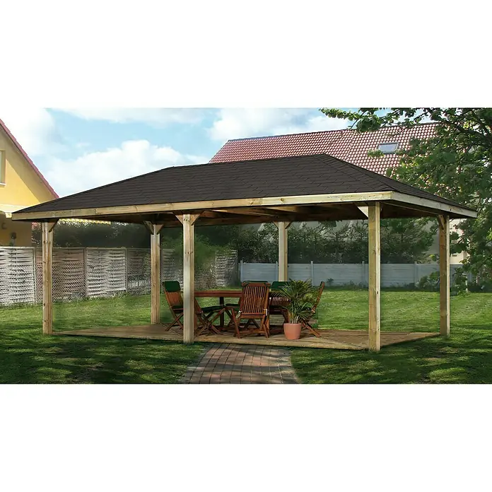 Weka Pavillon Gartenoase 651 B - L x B: 678 x 380 cm - Eine Gartensitzecke mit einem hölzernen Pavillon und Gartenmöbeln, ideal für Entspannung im Freien.