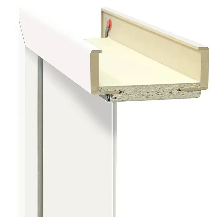 Classen PL Türzarge - 985 x 1.985 mm, Wandstärke: 280 mm, DIN Anschlag: Links, Monari Weiß - Weißer Türrahmen im Querschnitt mit hellem Holzverbundkern und Metallbefestigungsmechanismus.