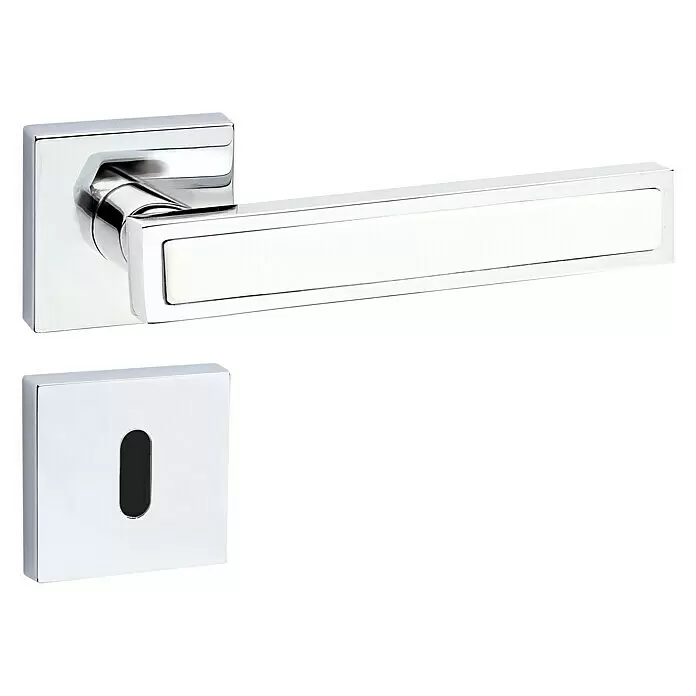 Diamond Doors Juego de manillas para puerta de habitación Tyler White - Cromo, Grosor de la puerta: 40 mm - 45 mm, Cerradura de gorjas simples - Juego de manilla de puerta cromada con inserción blanca en la palanca y roseta cuadrada a juego.