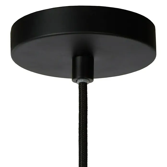 Lucide Tycho Pendelleuchte - L x B x H: 25,5 x 25,5 x 150 cm, Schwarz - Nahaufnahme einer schwarzen Deckenleuchte mit Textilkabel, ideal für moderne Interieurs.
