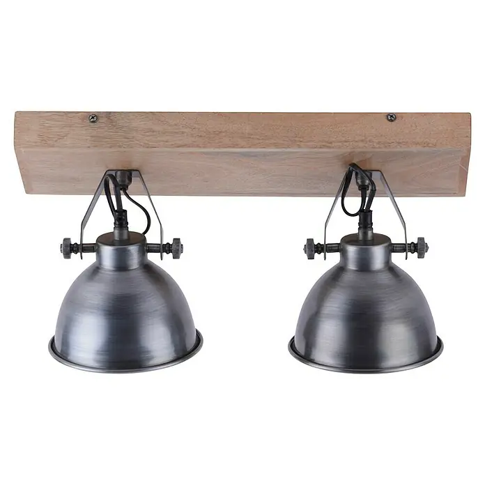 Just Light Samia Deckenstrahler - 80 W, L x B x H: 44 x 22 x 22 cm, Eisen, Braun, E14 - Wandlampe mit zwei silberfarbenen Lampenschirmen und einer Holzhalterung. Rustikales Design für eine stimmungsvolle Beleuchtung im Raum.