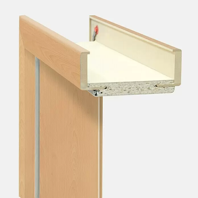 Classen PL Türzarge - 610 x 1.985 mm, Wandstärke: 200 mm, DIN Anschlag: Rechts, Buche - Querschnitt eines hellen Schiebetürrahmens und -paneels, zeigt Spanplattenkern, cremefarbenes Interieur und Metalllaufmechanismus.