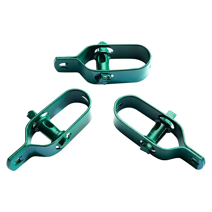 Tensor metálico verde - Material: Metal - Tres tensores de alambre verdes para cercas presentados sobre un fondo blanco. Ideales para asegurar alambres de cercas.