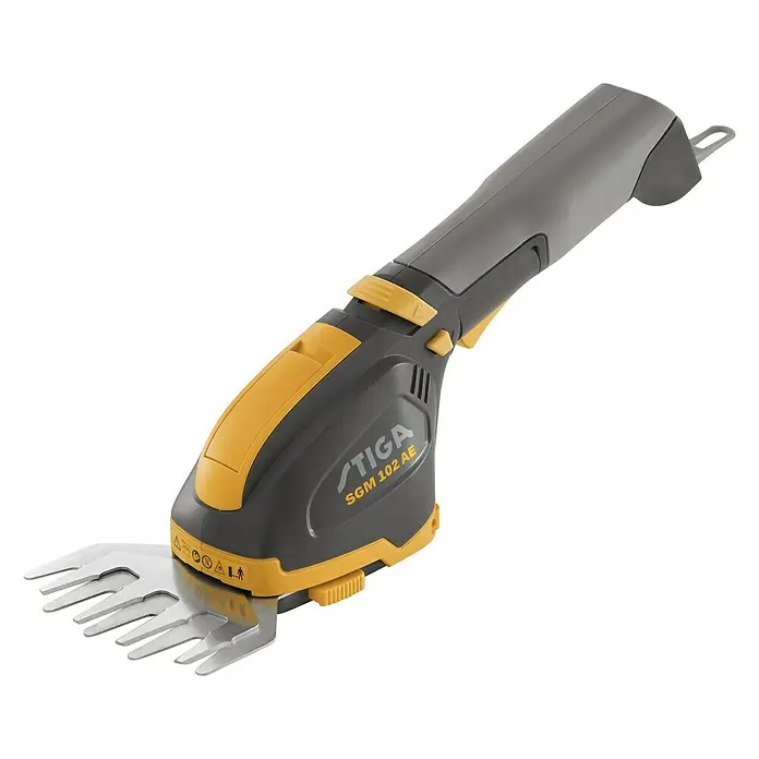 Stiga Akku-Gras- & Strauchschere SGM 102 AE - 10,8 V, Li-Ionen, 2,5 Ah, 1 Akku, Schwertbreite: 8 cm - Eine STIGA SGM 102 AE Akku-Grasschere in Grau und Gelb mit einem Metallschneideblatt, ideal für präzise Gartenarbeit.