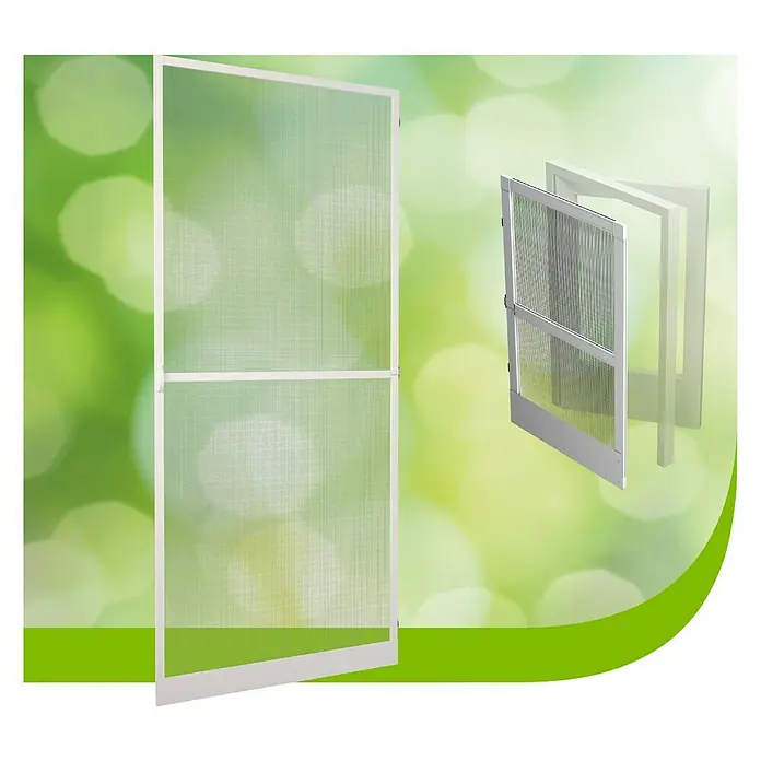 Mosquitera abatible - An x Al: 125 x 220 cm, Montaje de la mosquitera: Inserción, Color bastidor: Blanco - Primer plano de una puerta mosquitera de marco blanco con malla fina sobre un fondo verde borroso.