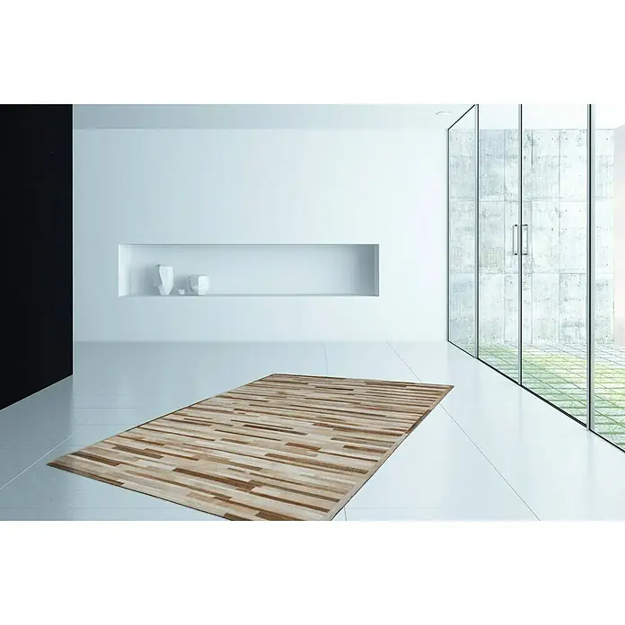 Kayoom Lederteppich Eclipse 110 - Creme/Braun, 170 x 120 cm, 100 % Leder - Teppich mit Holzmaserung im minimalistischen Interieur. Dieser Teppich verleiht jedem Raum Wärme und Stil.