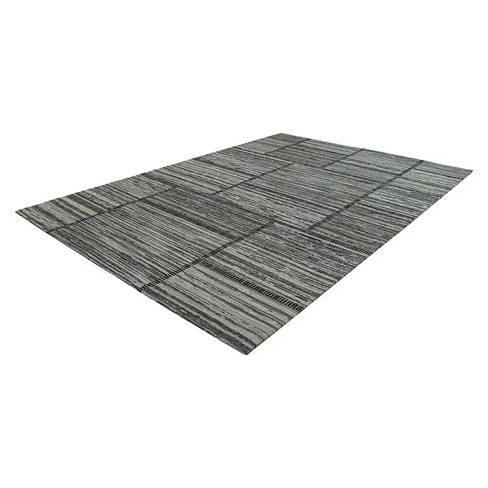 Kayoom Flachgewebeteppich Phönix - Natur/Grau, 150 x 80 cm, 75 % Wolle, 20 % Baumwolle, 5 % Polyester - Ein rechteckiger Teppich mit einem Streifenmuster in Grau- und Schwarztönen, der eine moderne und stilvolle Bodenlösung darstellt.