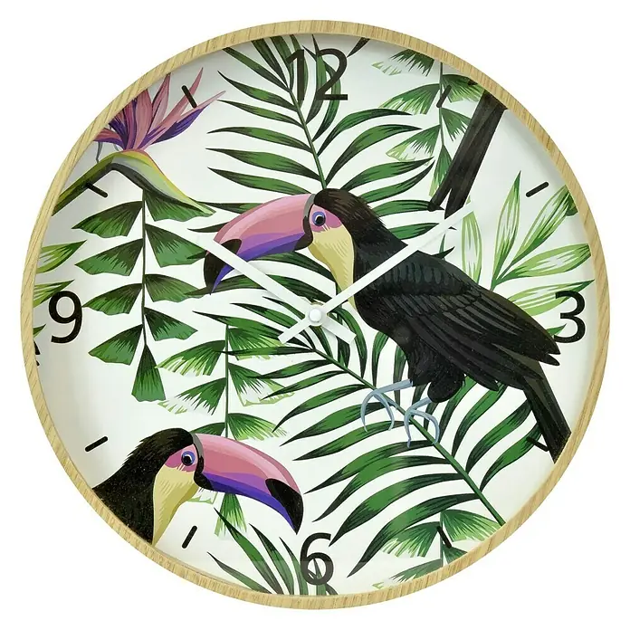 Wanduhr Papagei - Durchmesser: 33 cm, Bunt, Papagei - Diese Wanduhr mit Tukane- und Tropenmuster ist eine farbenfrohe und stilvolle Ergänzung für jeden Raum. Die Uhr hat ein helles Holzfinish.