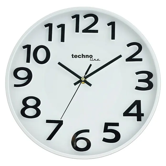 Wanduhr - Durchmesser: 30 cm, Weiß - Weiße Wanduhr mit großen schwarzen Zahlen und Zeigern, die die Zeit anzeigen.
