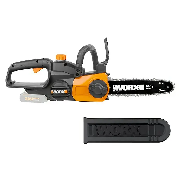 Worx PowerShare 20V Akku-Kettensäge WG322E.9 - 20 V, Li-Ionen, Ohne Akku, Schwertlänge: 25 cm - Abbildung einer Worx Akku-Kettensäge mit 10 Zoll Schnittlänge und Kettenschutz.