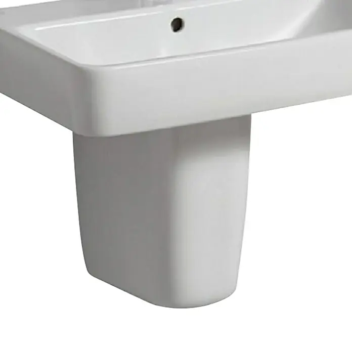 Geberit Renova Comprimo Waschbecken-Halbsäule - Beschichtet, Keramik, Weiß - Nahaufnahme eines weißen Keramik-Waschbeckens mit Überlauf, ideal für ein modernes Badezimmerdesign.
