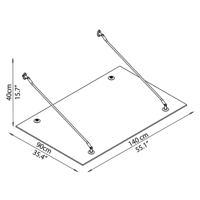Palram – Canopia Vordach Finn - 140 x 90 x 40 cm, Silber - Abbildung eines rechteckigen Tisches mit Befestigungen und Maßangaben.