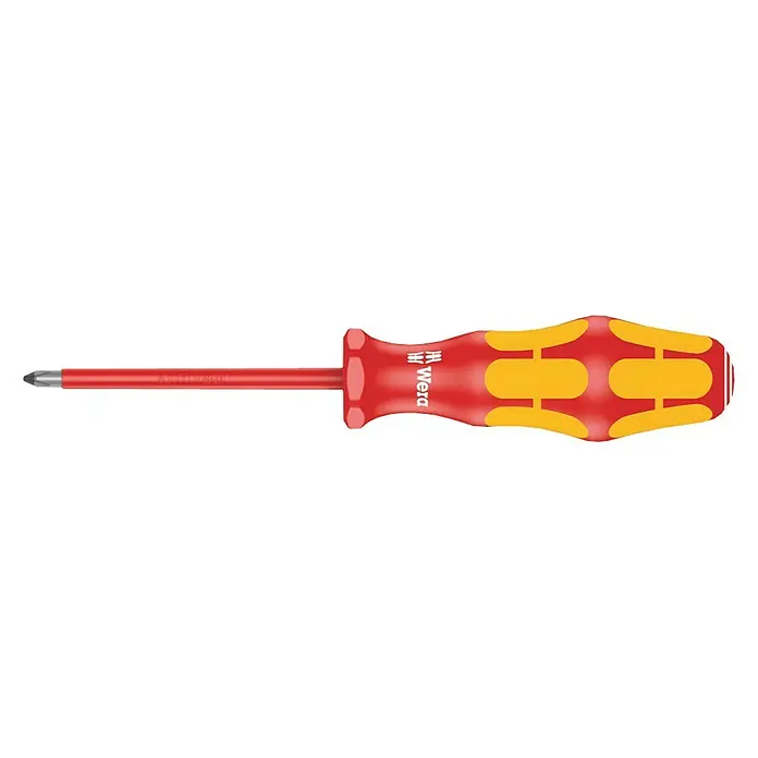Wera Kraftform Plus VDE Schraubendreher 162 i - PH 1, 80 mm - Ein roter Wera Schraubendreher mit gelben Griffmarkierungen, ideal für präzise Schraubarbeiten, gut sichtbar und ergonomisch geformt.